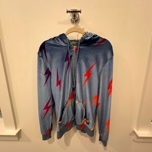 Aviator Nation blue velvet jacket with rainbow lightning  stripes. 🌈⚡️💙
